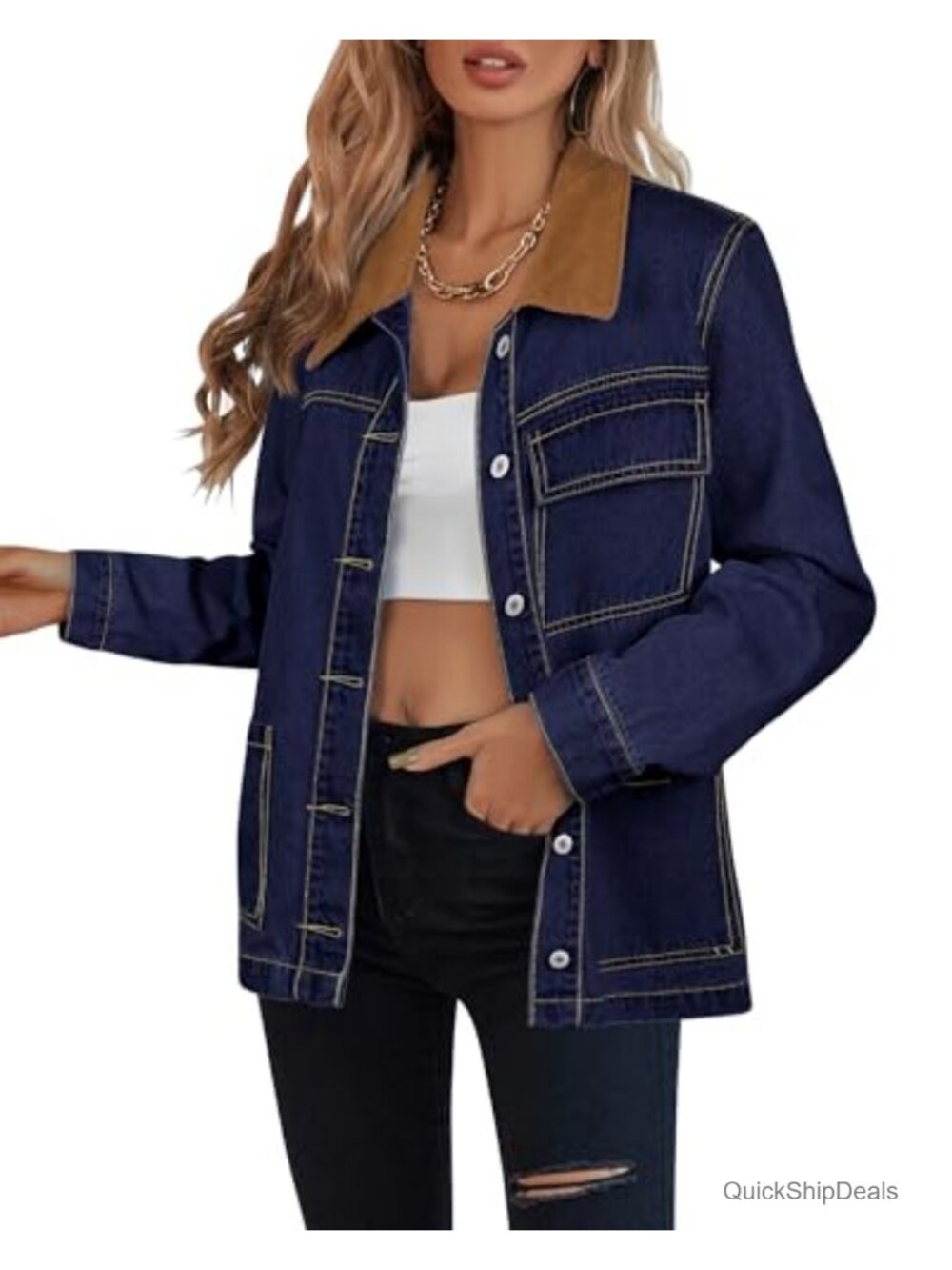 Luvamia Women Denim Jean Jacket Oversized Corduroy Collar Button Front Pockets